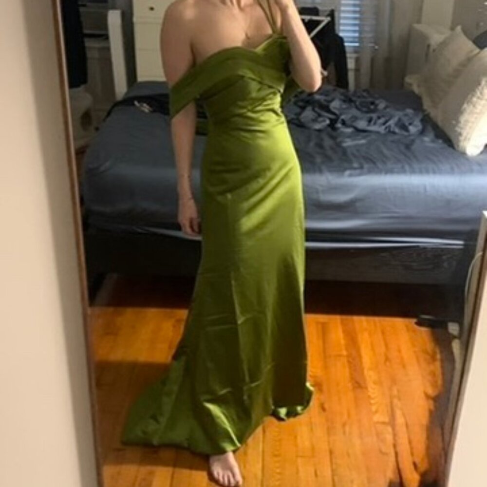 Olive Green Satin Off Shoulder Formal Gown Size 4